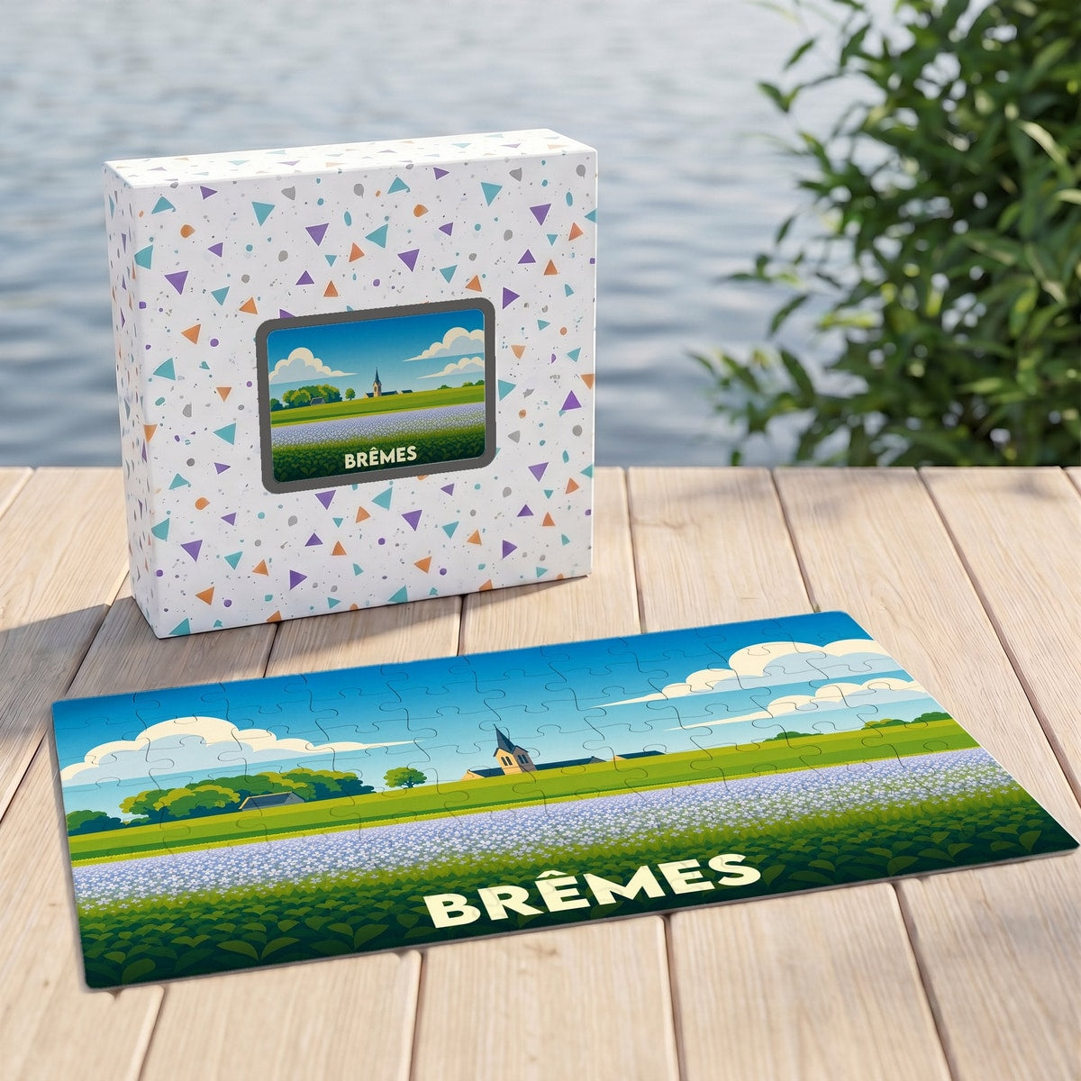 Puzzle souvenir de la ville de Brêmes avec une illustration stylisée d'un paysage champêtre.