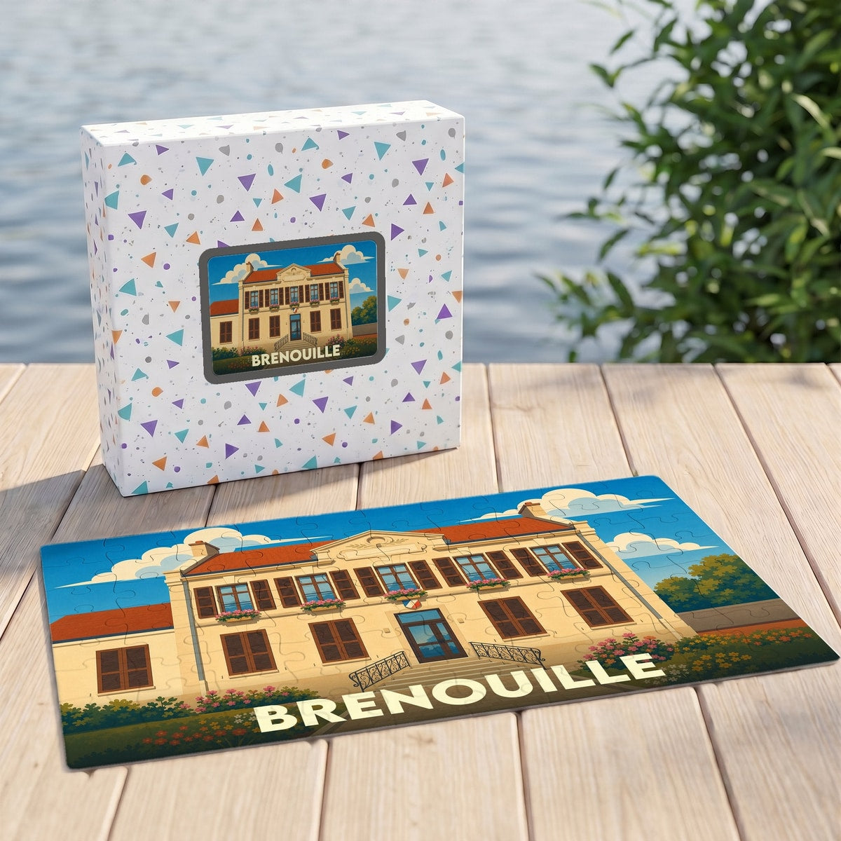 Puzzle souvenir de la ville de Brenouille avec une illustration stylisée de sa mairie.