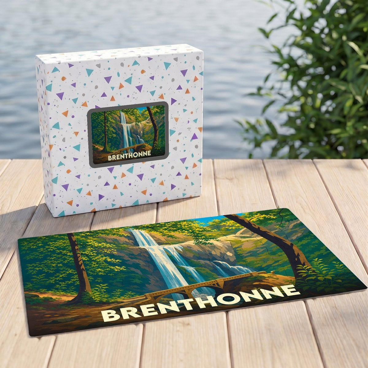 Puzzle souvenir de la ville de Brenthonne illustrant une cascade et un pont dans un style graphique.