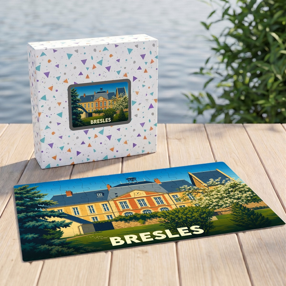 Puzzle souvenir de la ville de Bresles avec une illustration stylisée du château.