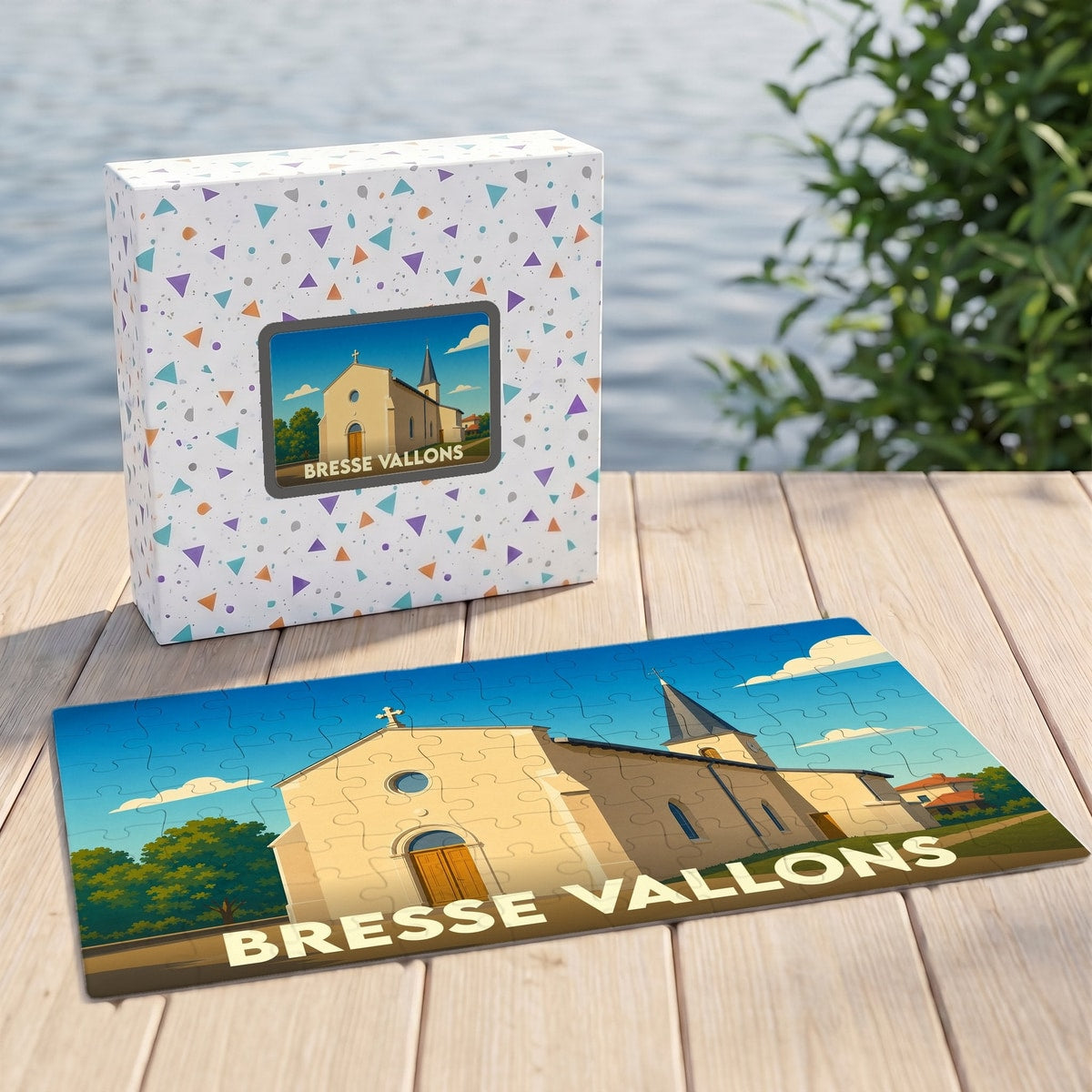 Puzzle souvenir de la ville de Bresse Vallons avec une illustration stylisée d'une église locale.