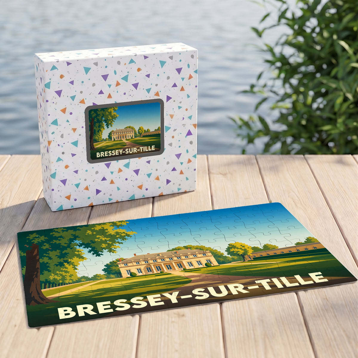 Puzzle souvenir de la ville de Bressey-sur-Tille avec une illustration stylisée de son château.