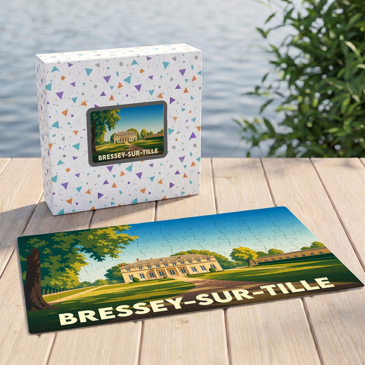 Puzzle souvenir de la ville de Bressey-sur-Tille avec une illustration stylisée de son château.