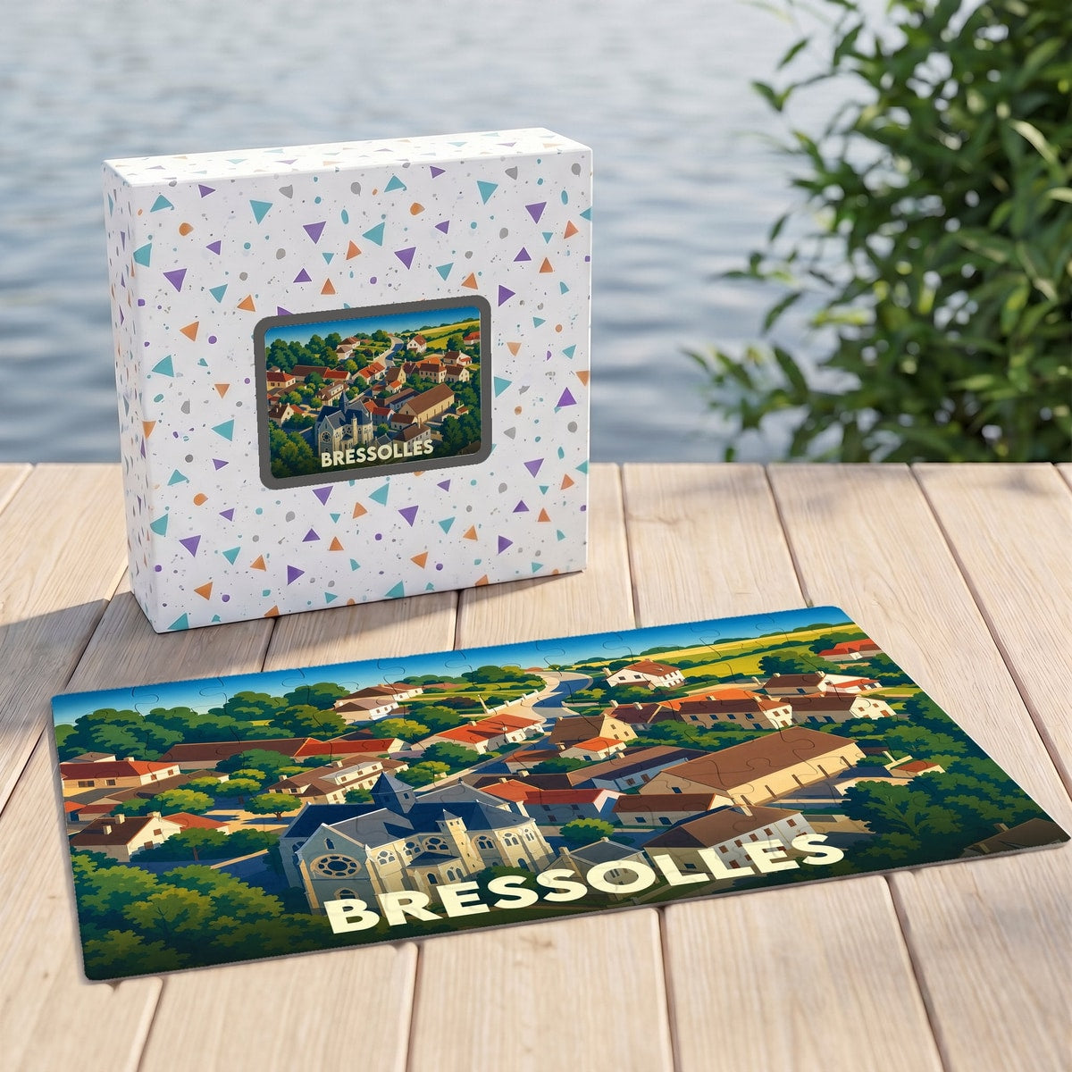 Puzzle souvenir de la ville de Bressolles avec une illustration stylisée d'une vue aérienne du village.