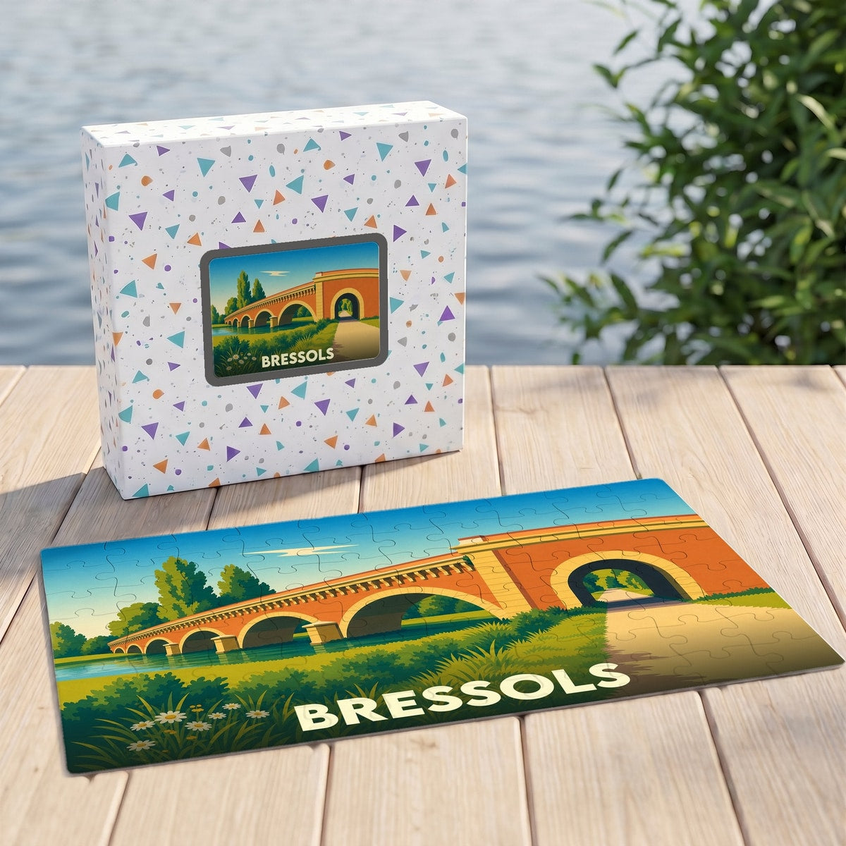 Puzzle souvenir de la ville de Bressols avec une illustration stylisée d'un pont en briques.