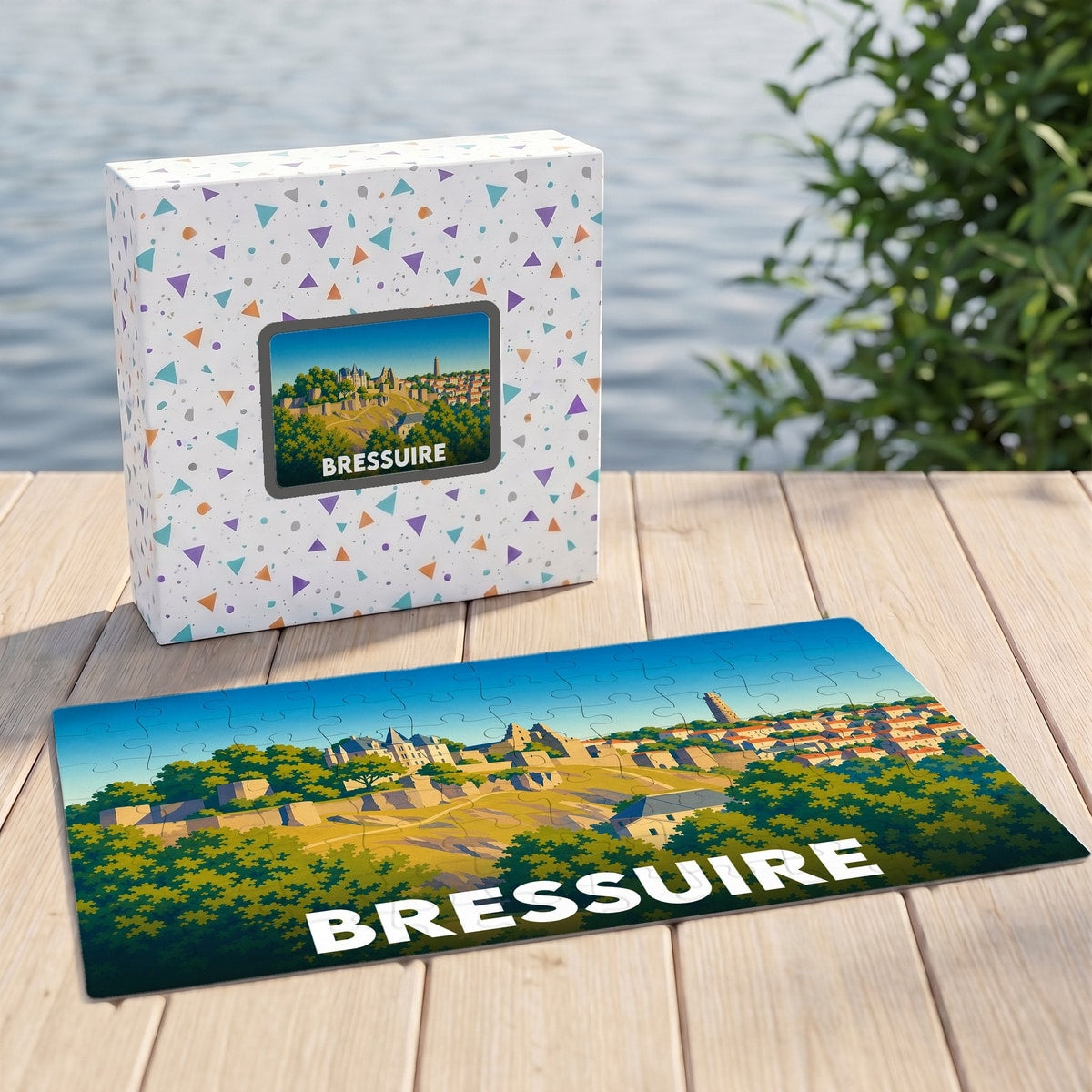 Puzzle souvenir de la ville de Bressuire présentant une illustration colorée et stylisée de son paysage urbain.