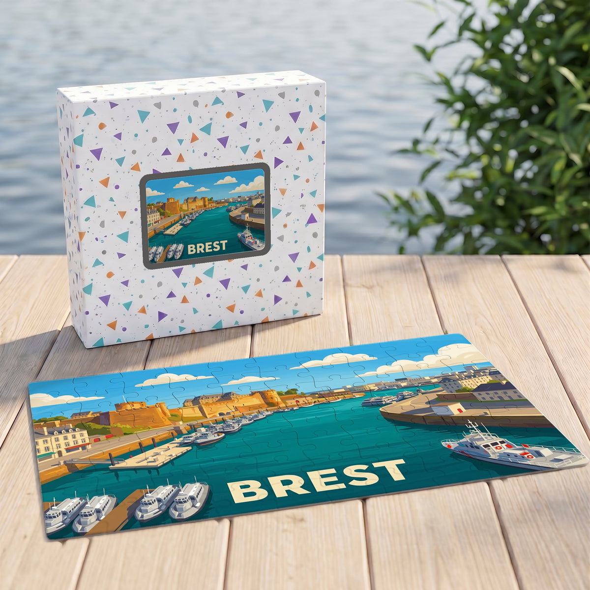 Puzzle souvenir de la ville de Brest avec une illustration stylisée de son port.