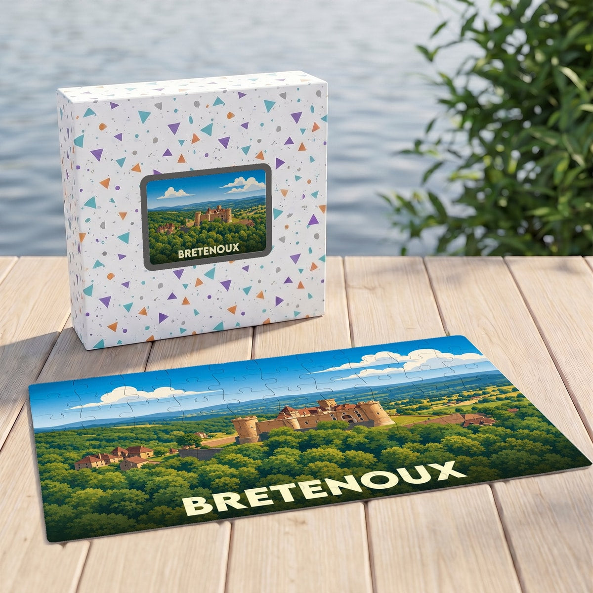 Puzzle souvenir de la ville de Bretenoux avec une illustration stylisée d'un château médiéval.