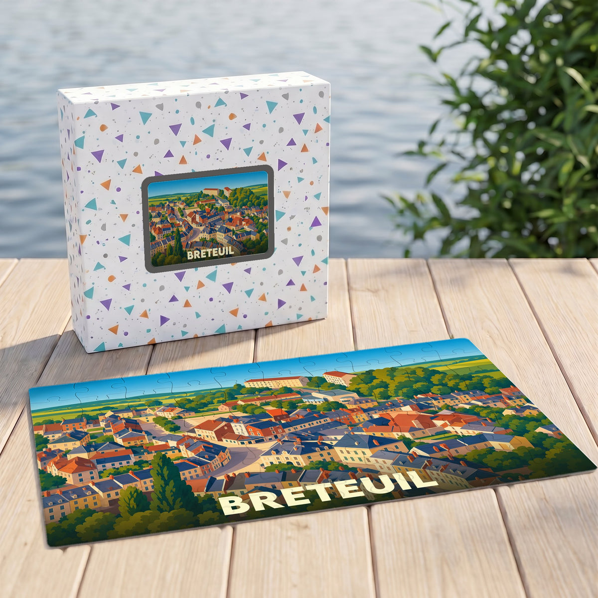 Puzzle souvenir de la ville de Breteuil illustrant un panorama coloré sur sa boîte et ses pièces.