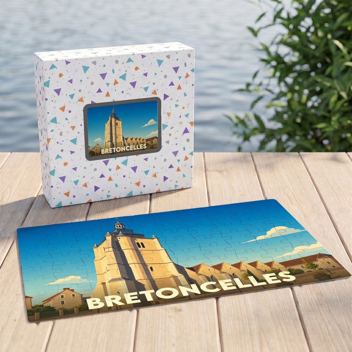 Puzzle souvenir de la ville de Bretoncelles illustré par un dessin stylisé de son église.