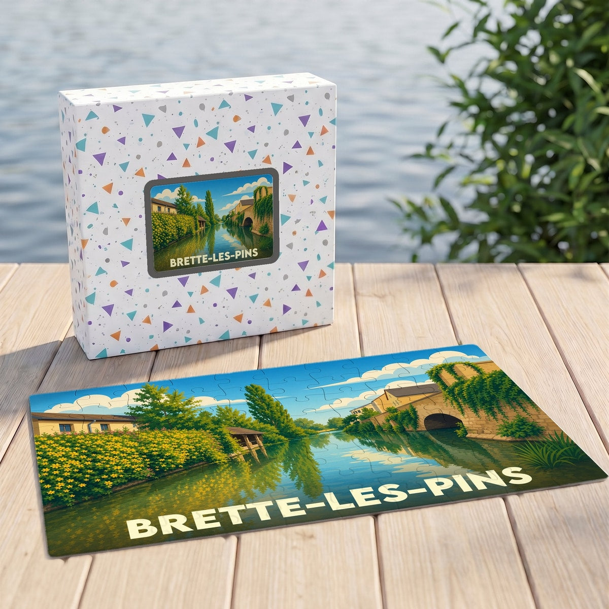 Puzzle souvenir de la ville de Brette-les-Pins représentant un paysage bucolique au bord de l’eau.
