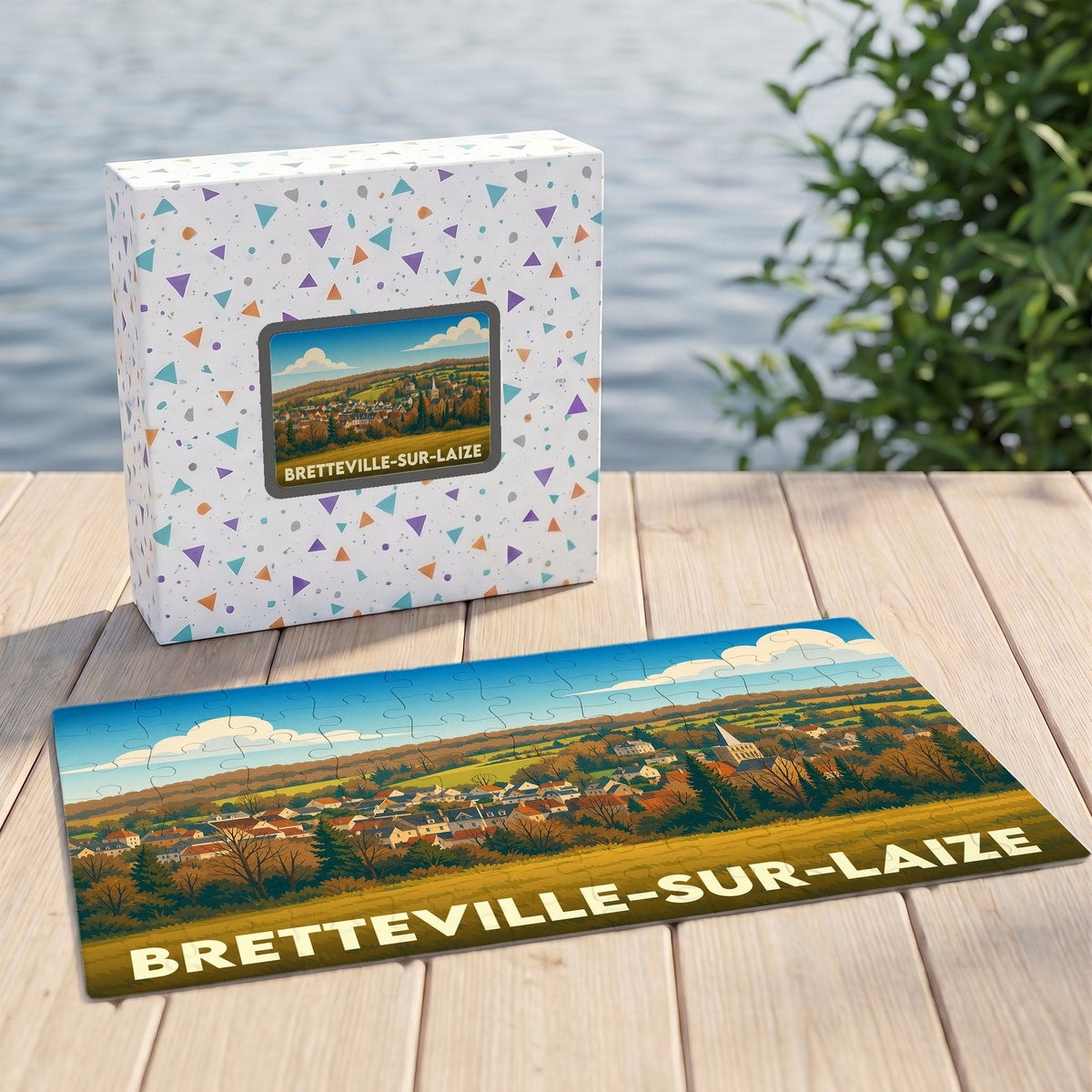 Puzzle souvenir de la ville de Bretteville-sur-Laize avec une illustration panoramique stylisée.