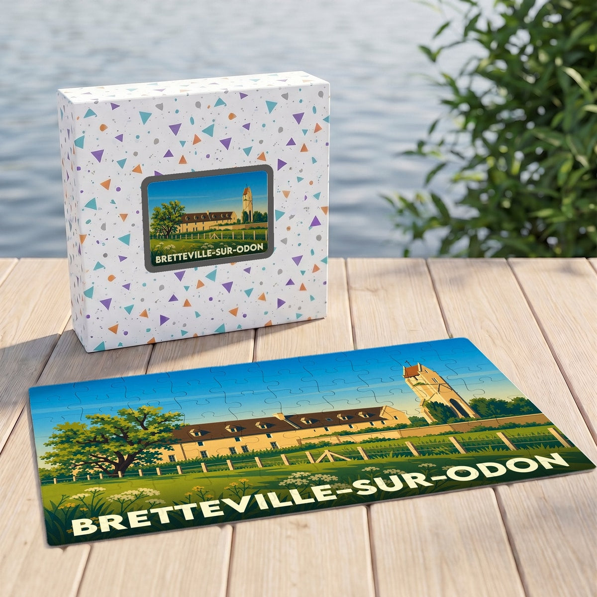 Puzzle souvenir de la ville de Bretteville-sur-Odon avec une illustration stylisée de son patrimoine.