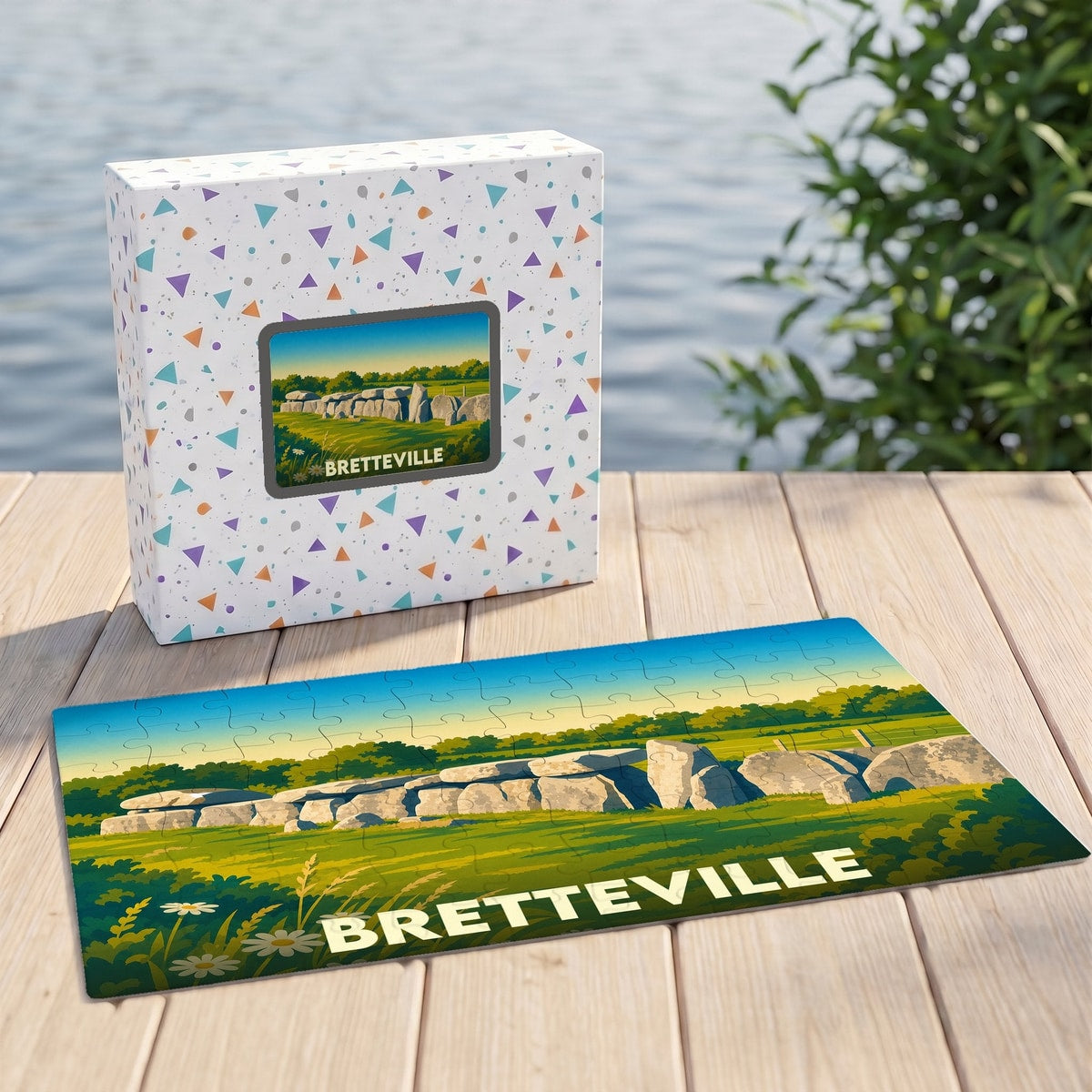 Puzzle souvenir de la ville de Bretteville avec une illustration stylisée de son paysage mégalithique.