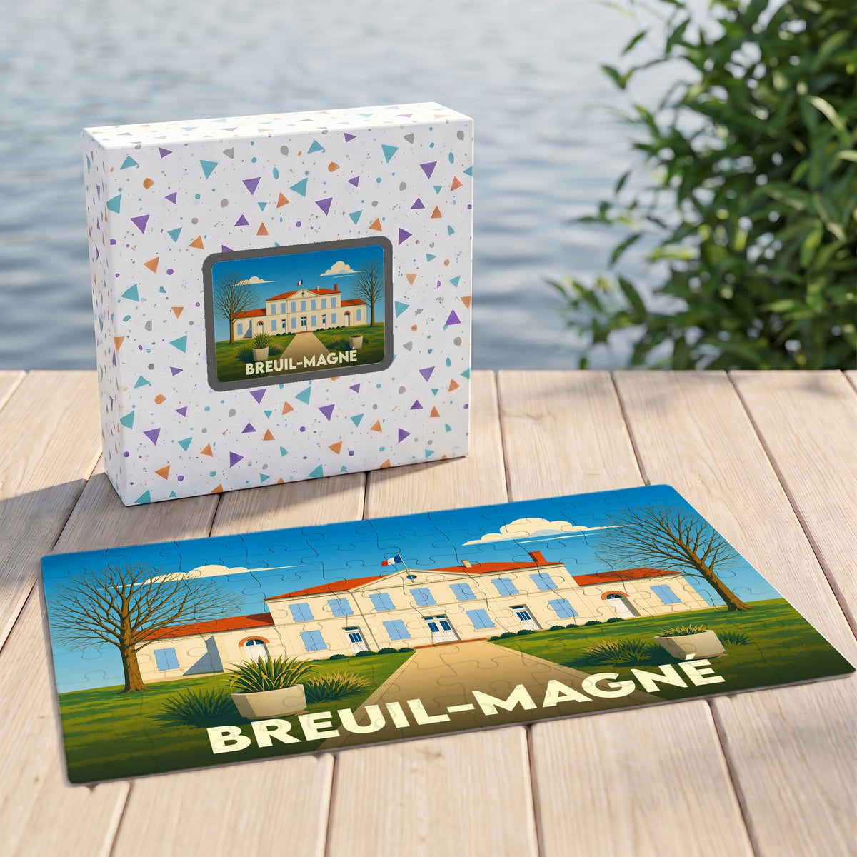 Puzzle souvenir de la ville de Breuil-Magné avec une illustration stylisée du bâtiment de la mairie.
