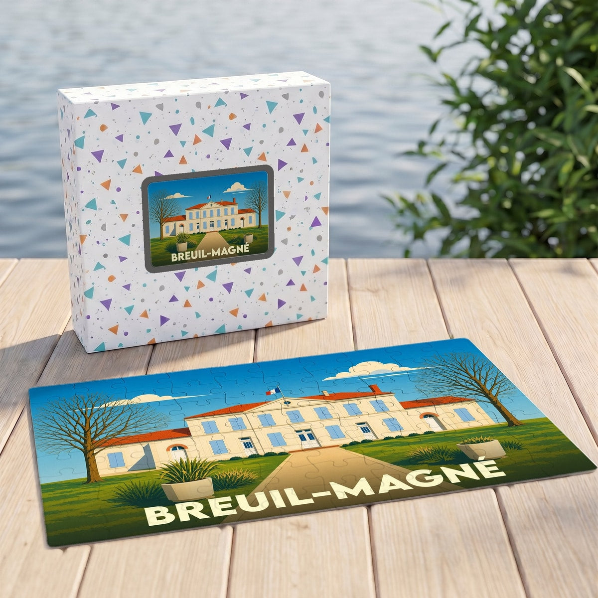 Puzzle souvenir de la ville de Breuil-Magné avec une illustration stylisée du bâtiment de la mairie.