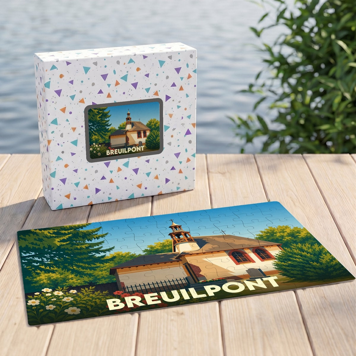Puzzle souvenir de la ville de Breuilpont avec une illustration stylisée d'une église locale.