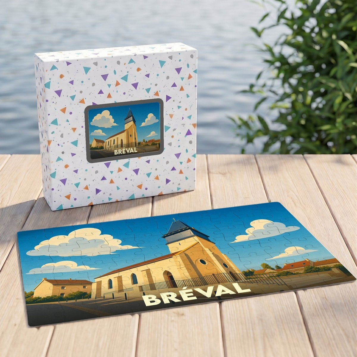 Puzzle souvenir de la ville de Bréval avec une illustration stylisée de son église.