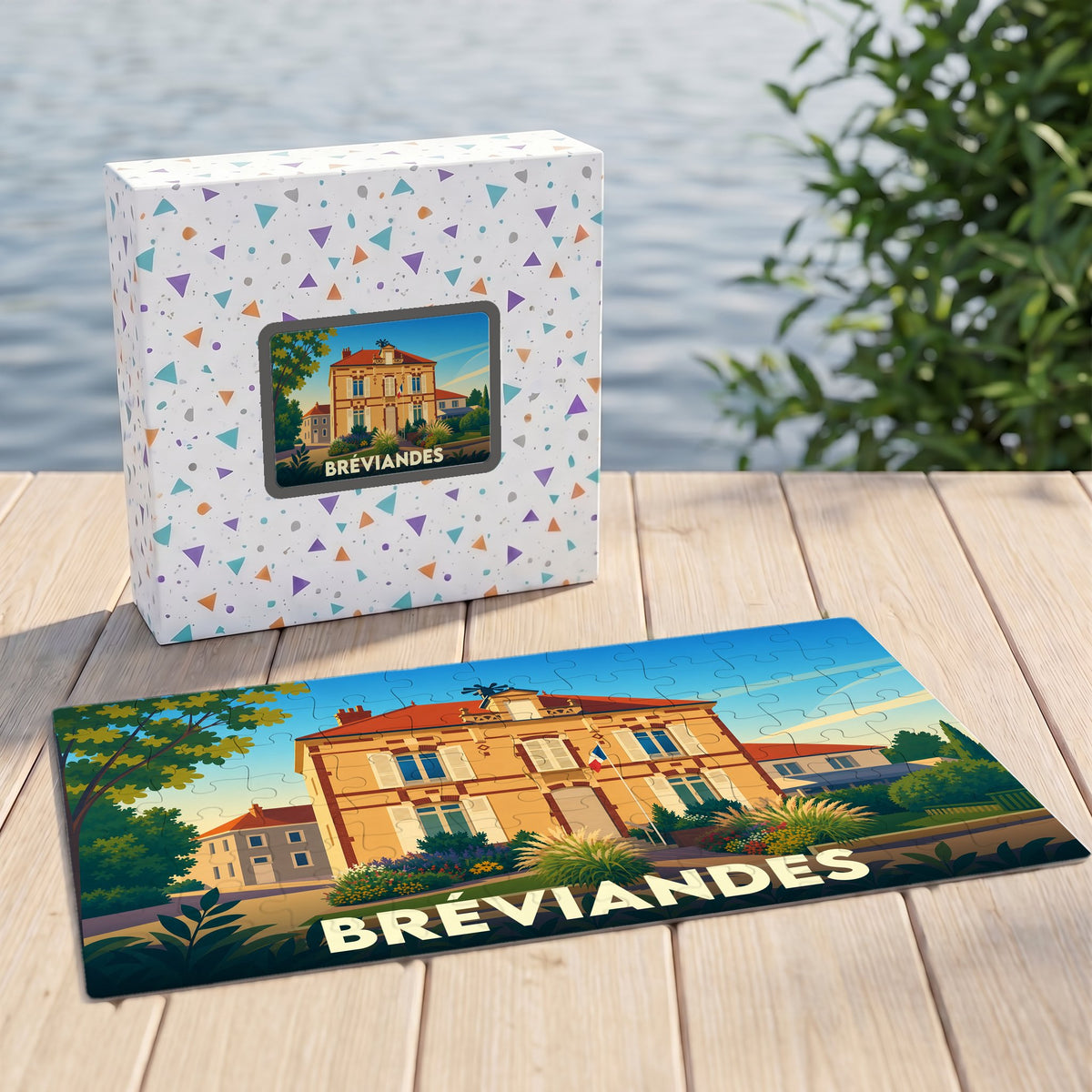Puzzle souvenir de la ville de Bréviandes avec une illustration stylisée de sa mairie.