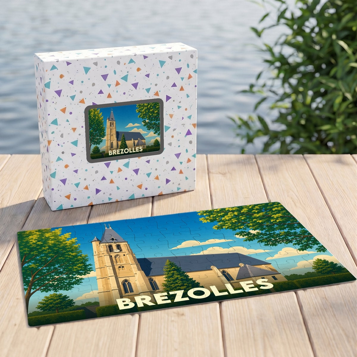 Puzzle souvenir de la ville de Brezolles avec une illustration stylisée de son église.