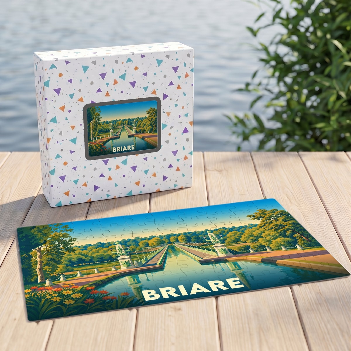 Puzzle souvenir de la ville de Briare avec une illustration stylisée d'un canal et de ses jardins.