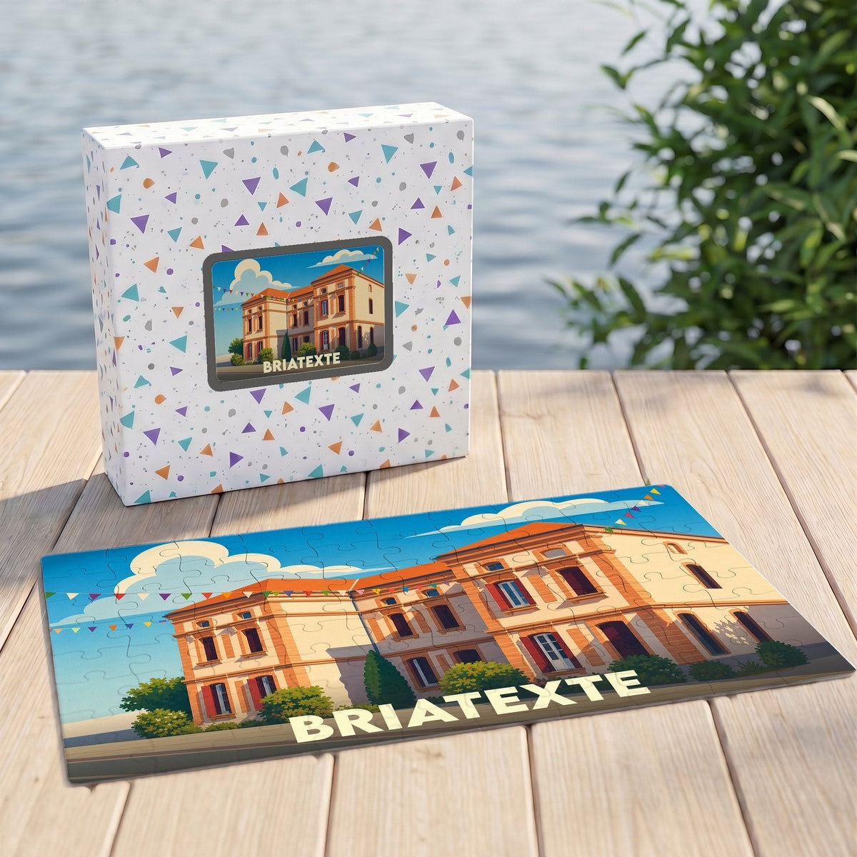 Puzzle souvenir de la ville de Briatexte avec une illustration stylisée d'un bâtiment historique.