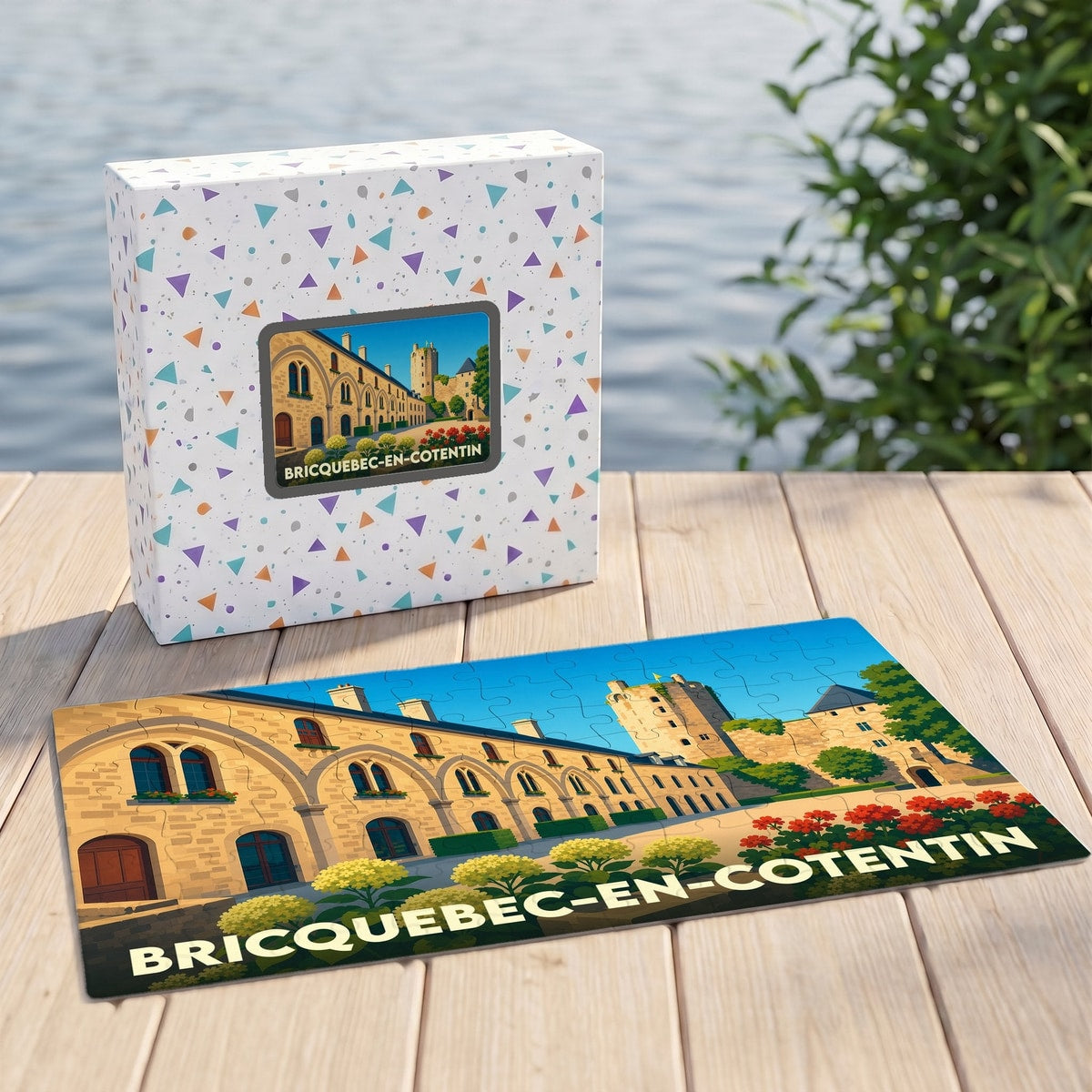 Puzzle souvenir de la ville de Bricquebec-en-Cotentin avec une illustration stylisée d'un château médiéval.