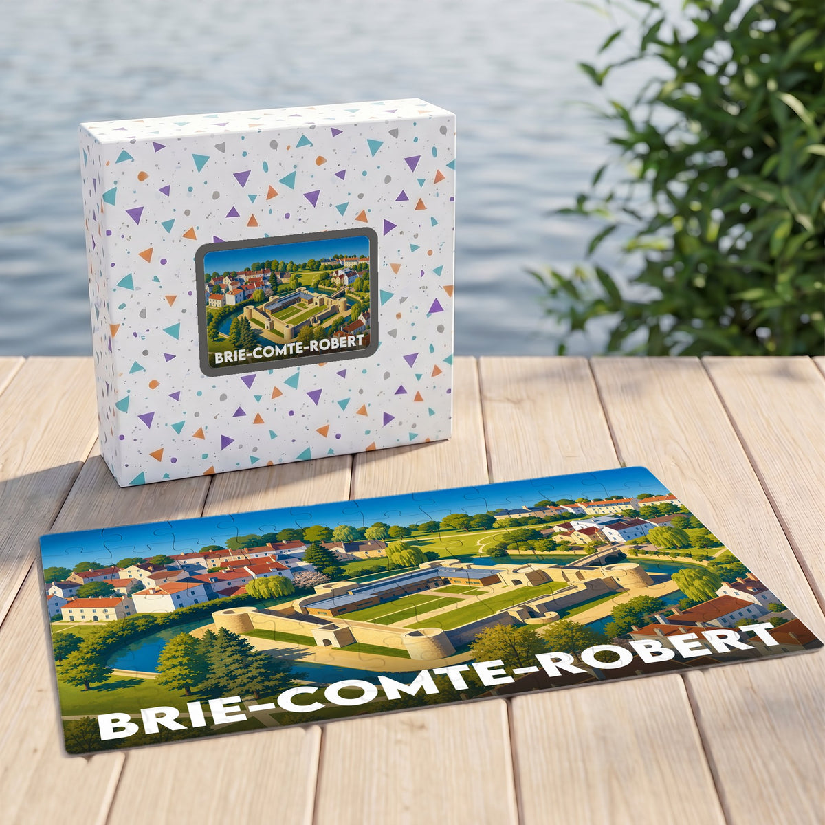 Puzzle souvenir de la ville de Brie-Comte-Robert avec une illustration stylisée de son château médiéval.