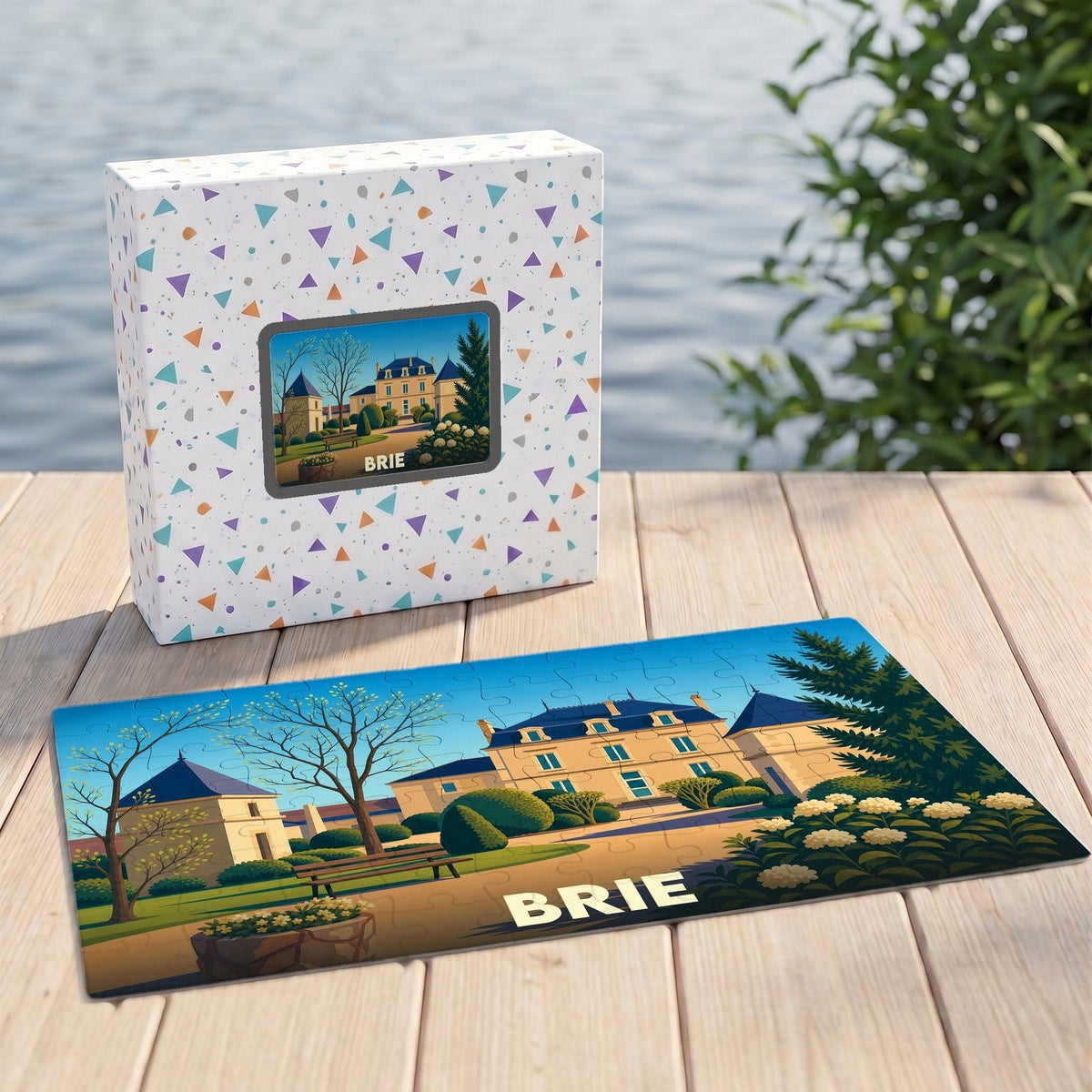 Puzzle souvenir de la ville de Brie avec une illustration stylisée d'un domaine seigneurial.