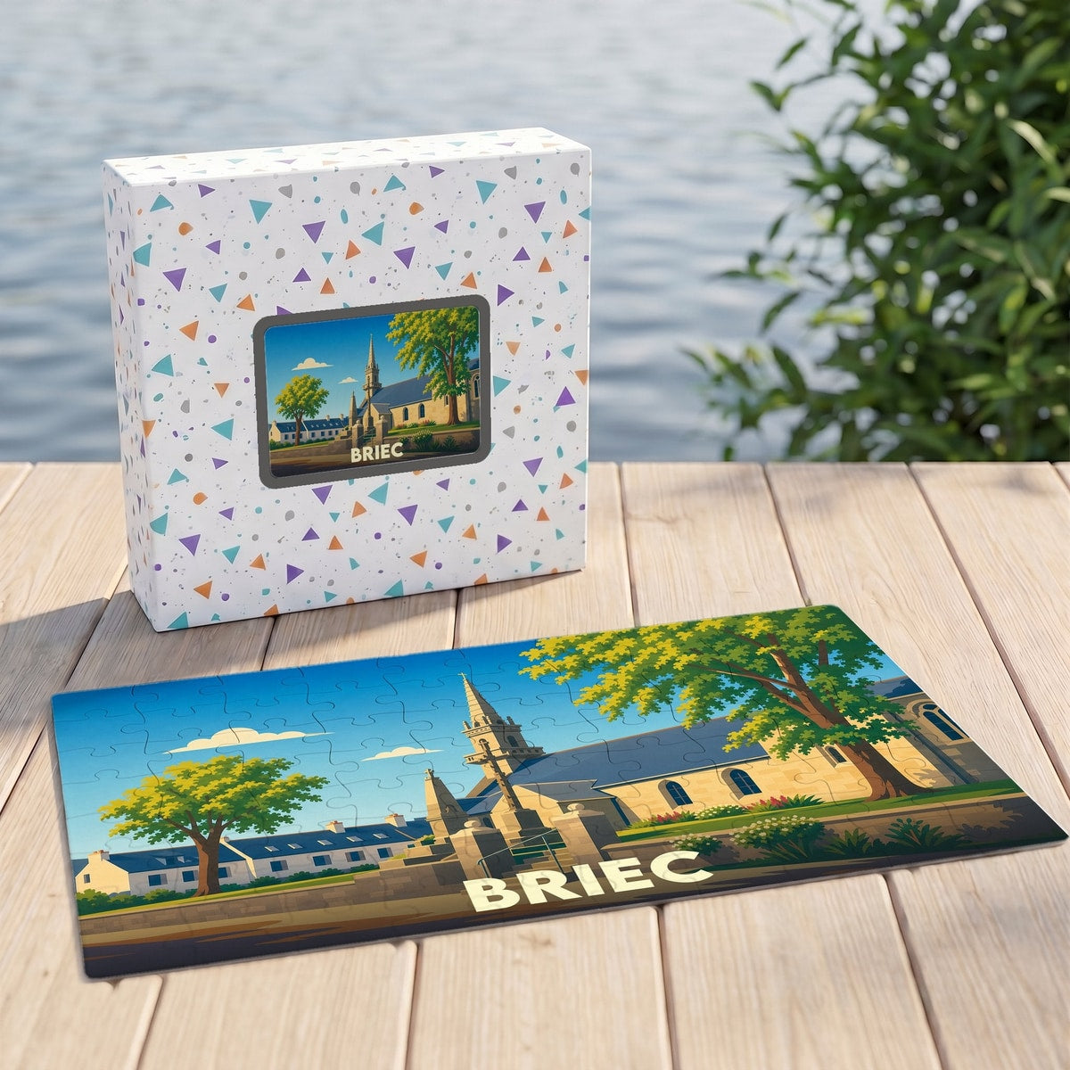 Puzzle souvenir de la ville de Briec avec une illustration stylisée de son église et de ses environs.