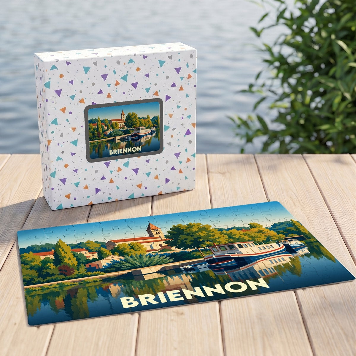 Puzzle souvenir de la ville de Briennon avec une illustration stylisée de son port et de son église.