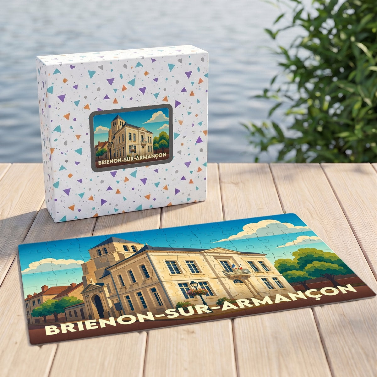 Puzzle souvenir de la ville de Brienon-sur-Armançon avec une illustration stylisée de son hôtel de ville.