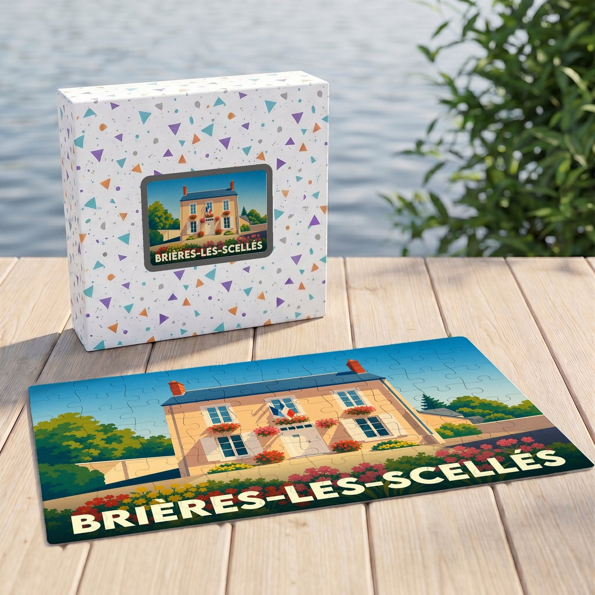 Puzzle souvenir de la ville de Brières-les-Scellés avec son illustration stylisée et sa boîte assortie.