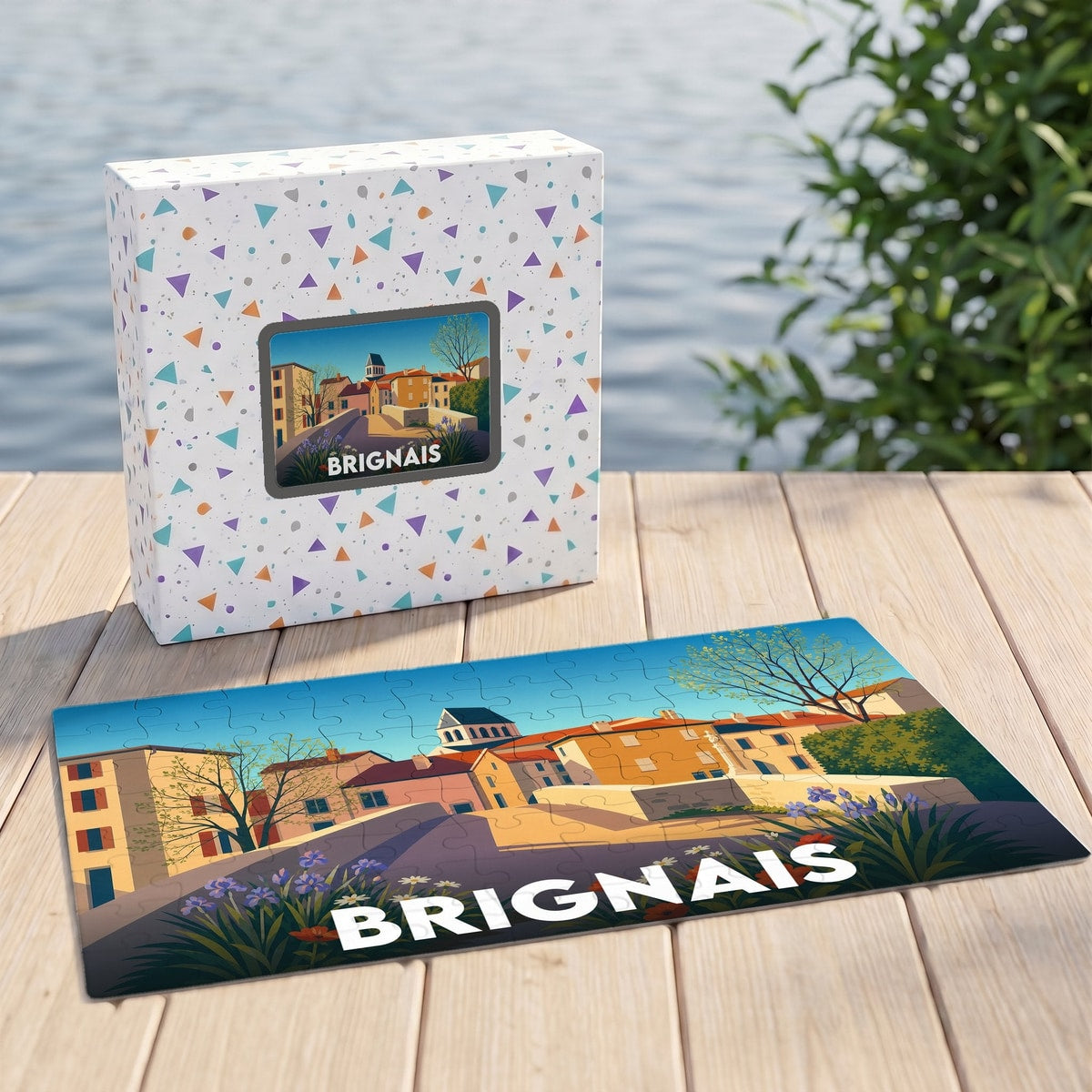 Puzzle souvenir de la ville de Brignais avec une illustration stylisée et colorée.