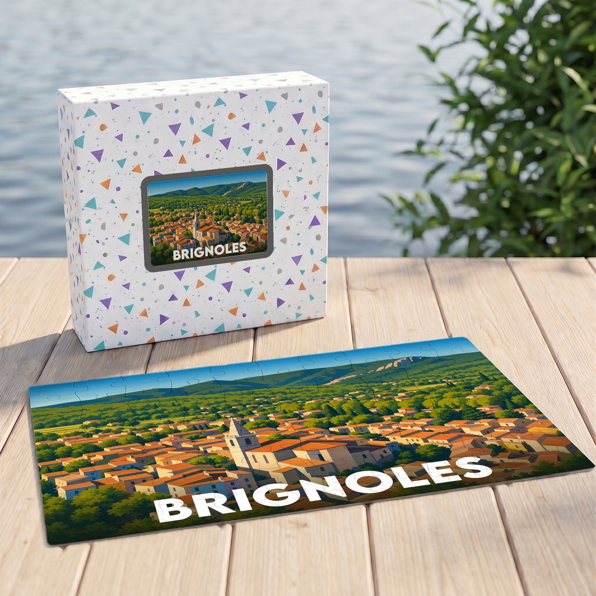 Puzzle souvenir de la ville de Brignoles présentant une vue panoramique illustrée de la commune et de ses toits orangés.