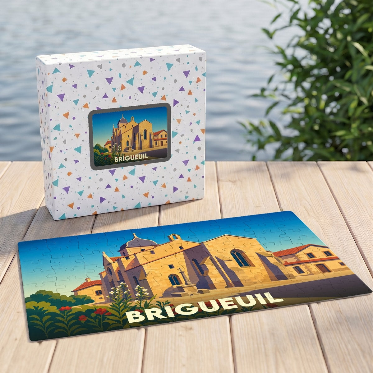 Puzzle souvenir de la ville de Brigueuil avec une illustration stylisée.