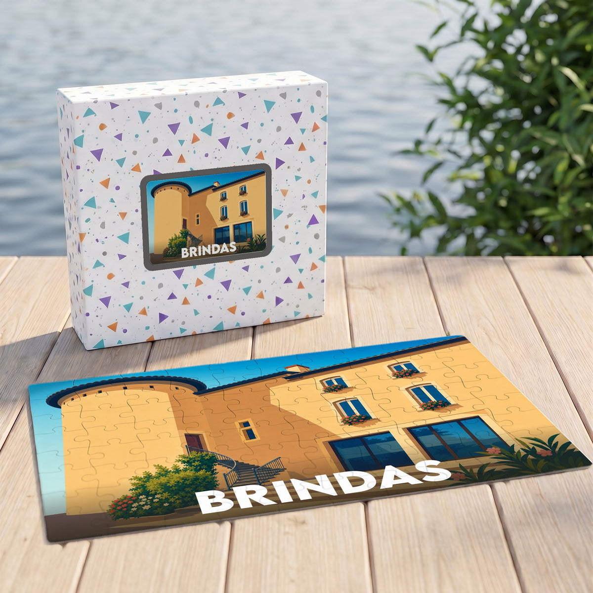 Puzzle souvenir de la ville de Brindas présentant une illustration stylisée d'une demeure historique locale.