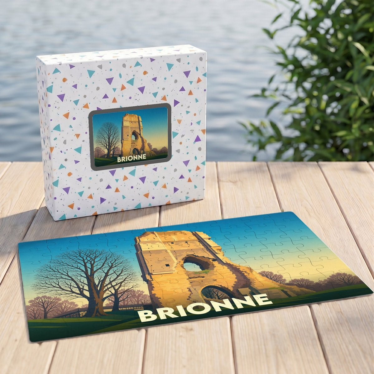 Puzzle souvenir de la ville de Brionne avec une illustration stylisée d'un monument historique.