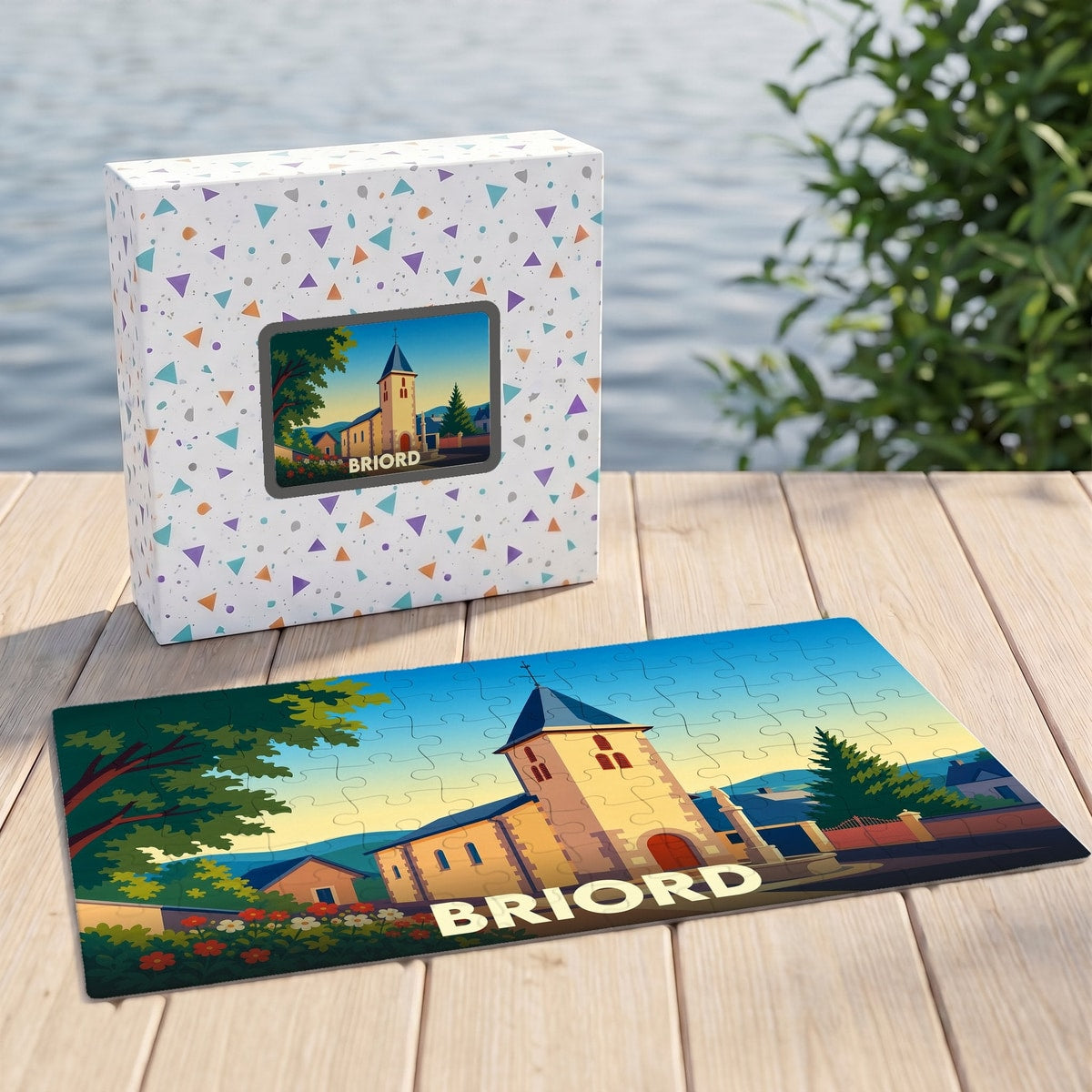 Puzzle souvenir de la ville de Briord avec une illustration stylisée de son église.