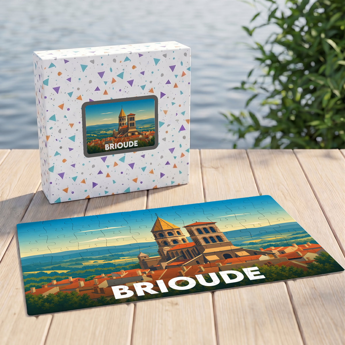 Puzzle souvenir de la ville de Brioude présentant une illustration stylisée de sa basilique dans son coffret assorti.