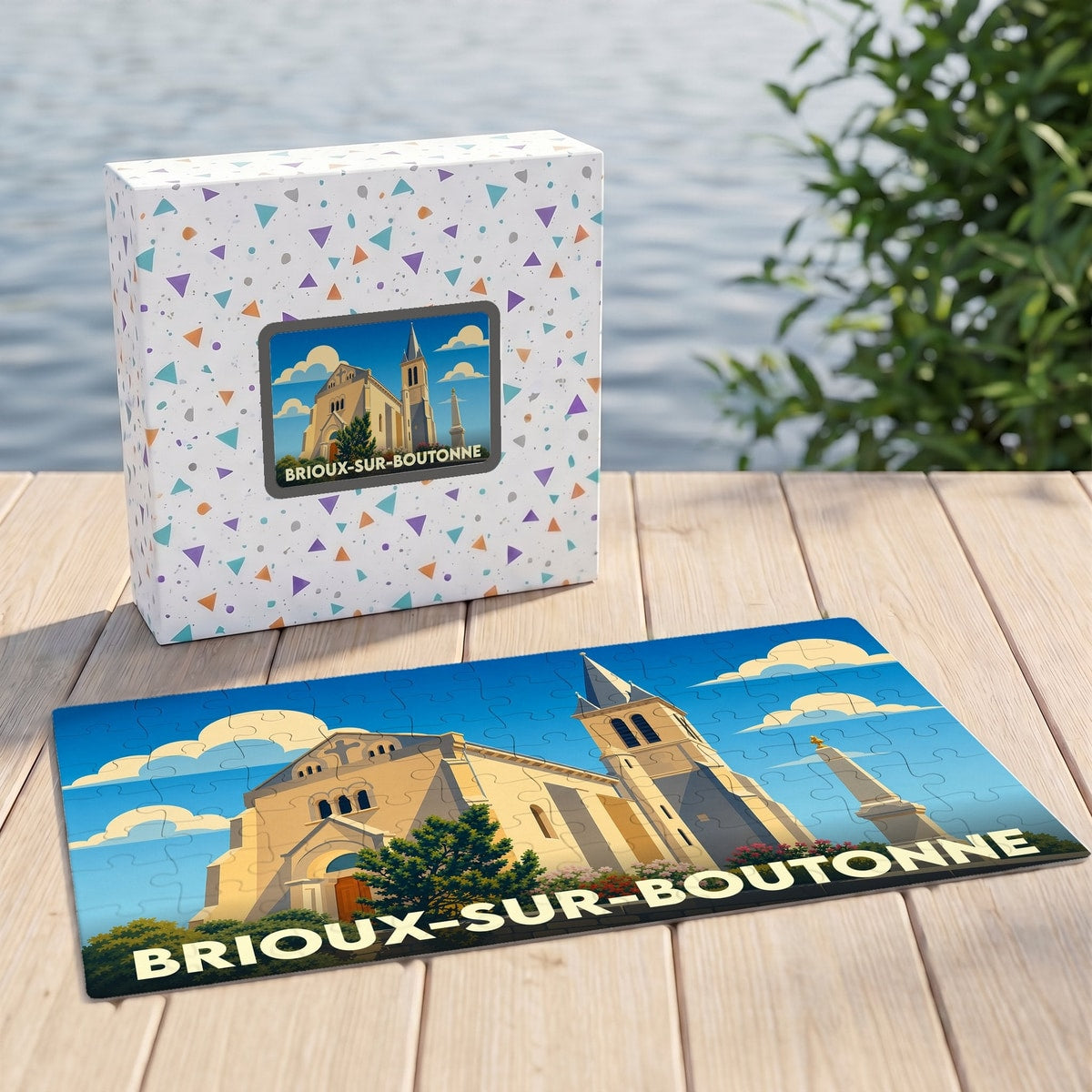 Puzzle souvenir de la ville de Brioux-sur-Boutonne avec une illustration stylisée d'une église sous un ciel bleu.