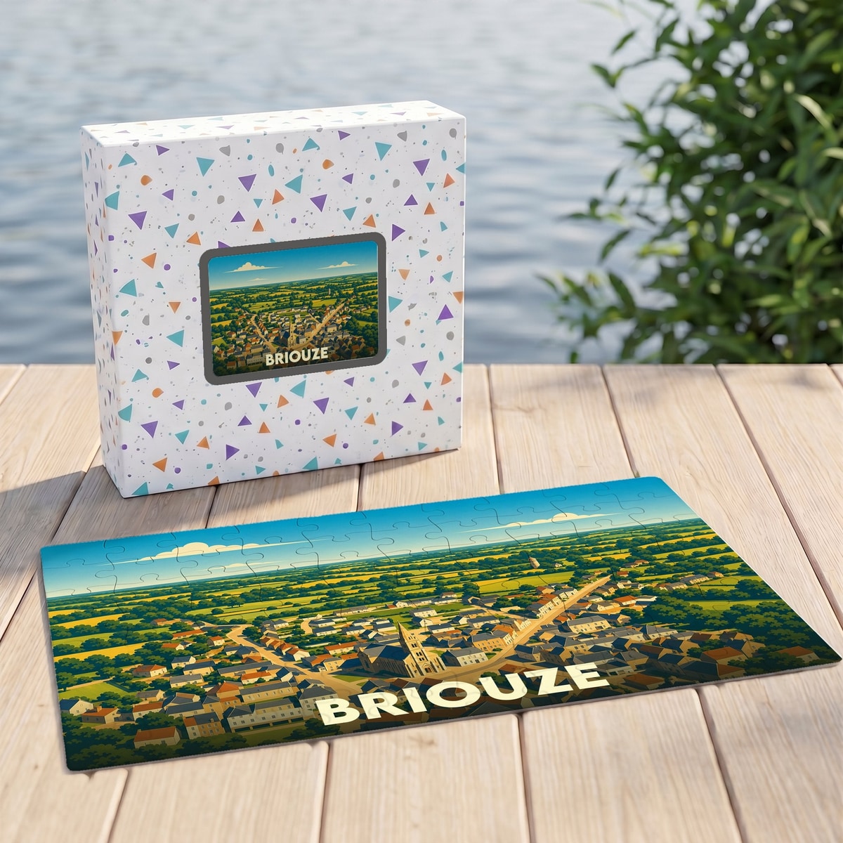 Puzzle souvenir de la ville de Briouze présentant une illustration panoramique stylisée sur sa boîte et ses pièces assemblées.