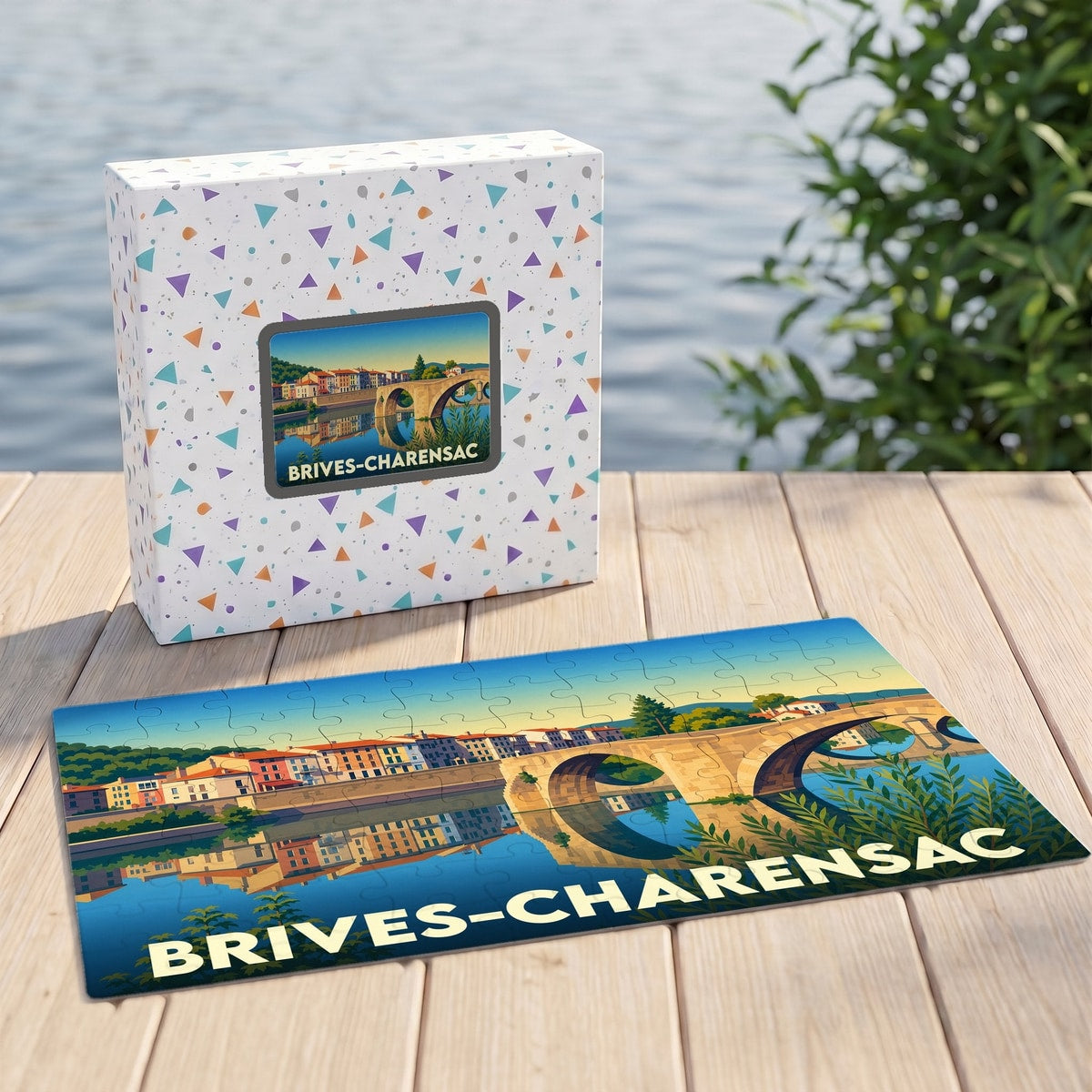 Puzzle souvenir de la ville de Brives-Charensac avec une illustration stylisée de son pont historique.