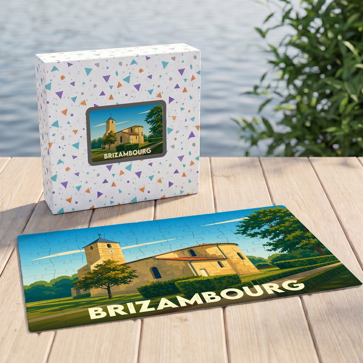 Puzzle souvenir de la ville de Brizambourg avec une illustration stylisée d'une église.