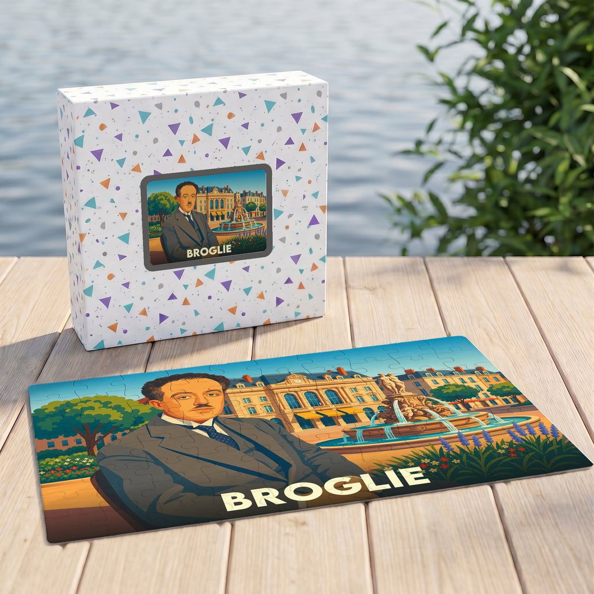 Puzzle souvenir de la ville de Broglie avec une illustration stylisée d'un portrait et d'un bâtiment historique.