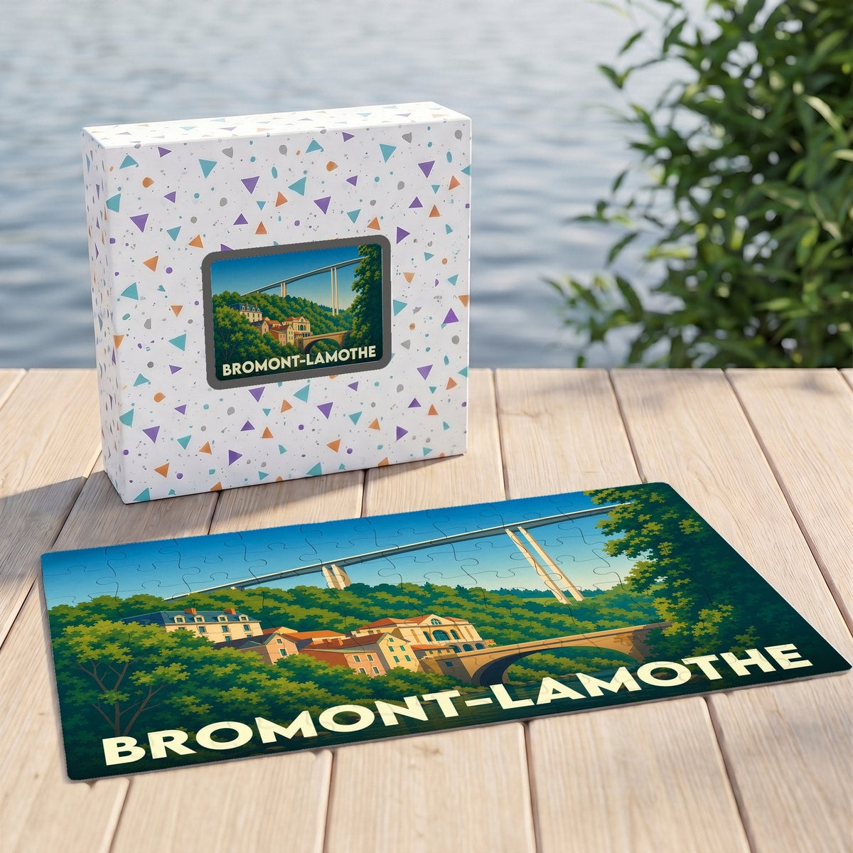 Puzzle souvenir de la ville de Bromont-Lamothe avec une illustration stylisée d'un viaduc et de son paysage.