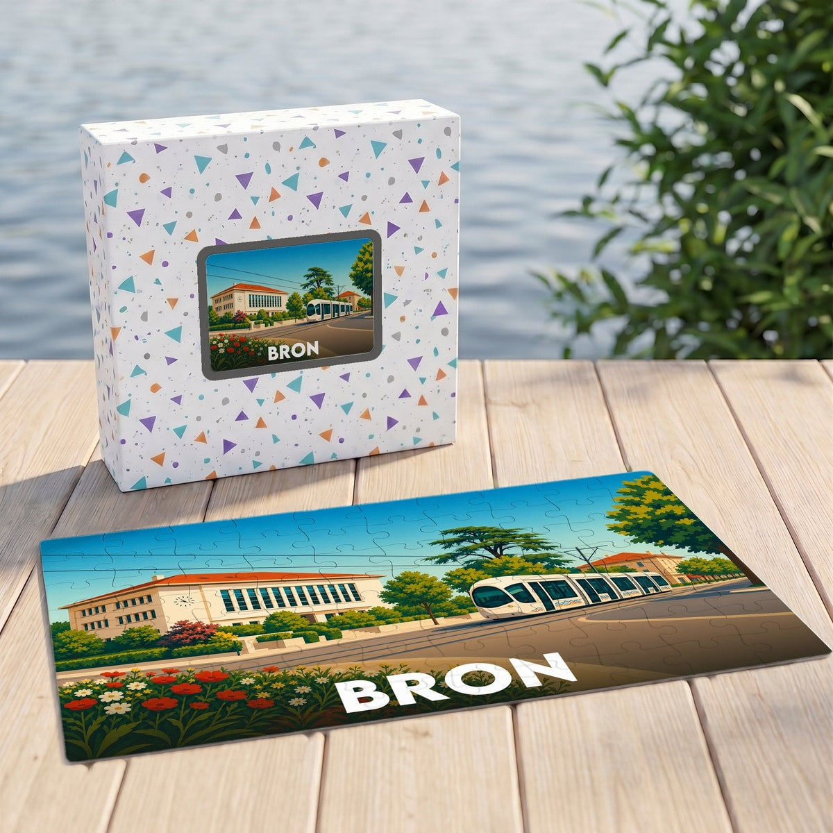 Puzzle souvenir de la ville de Bron avec une illustration stylisée représentant un tramway et l'hôtel de ville.