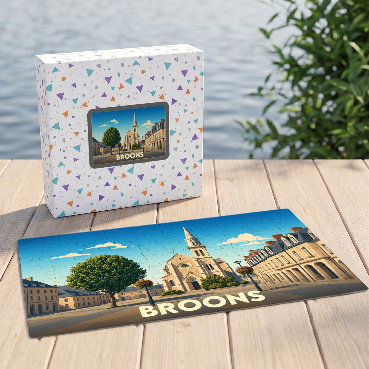 Puzzle souvenir de la ville de Broons avec une illustration stylisée de son église et de sa place.