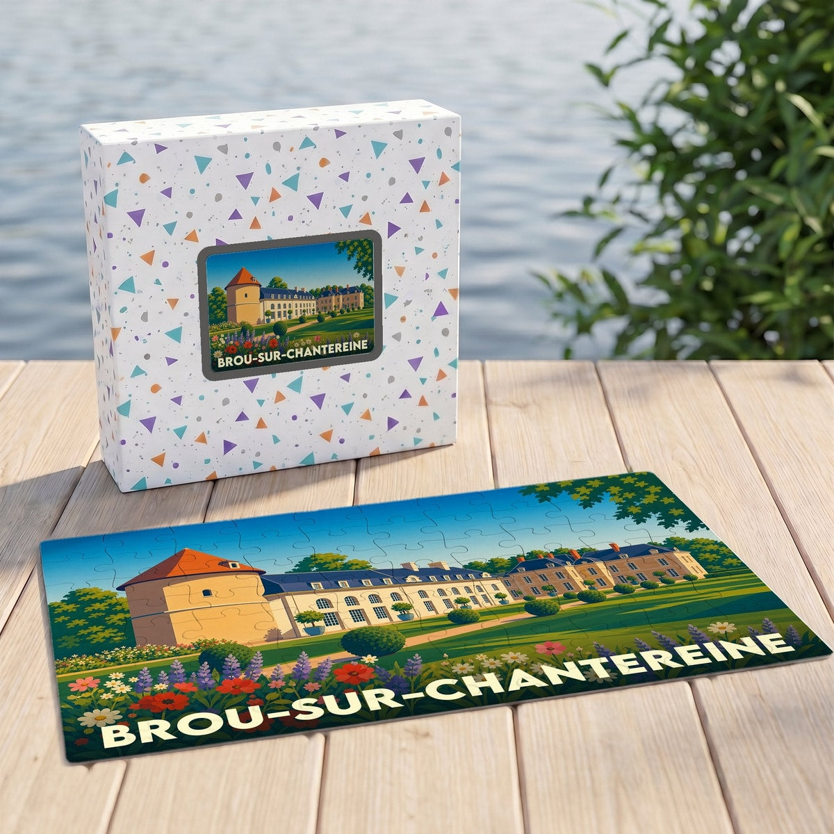 Puzzle souvenir de la ville de Brou-sur-Chantereine avec une illustration stylisée de son château et de ses jardins.
