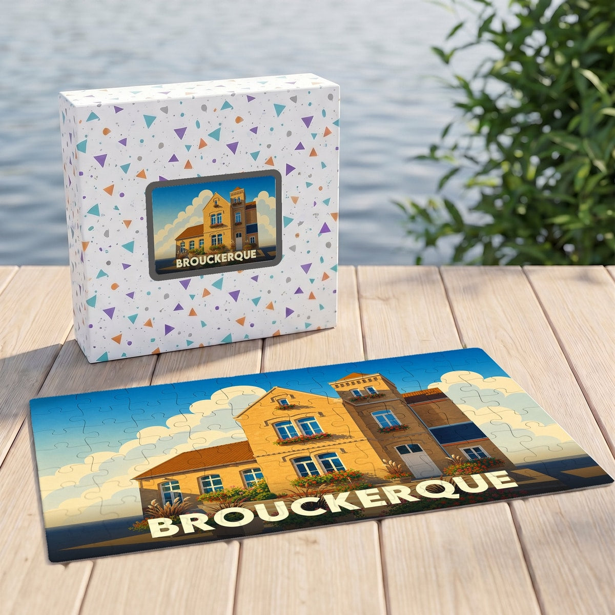 Puzzle souvenir de la ville de Brouckerque avec une illustration stylisée d'un bâtiment typique.